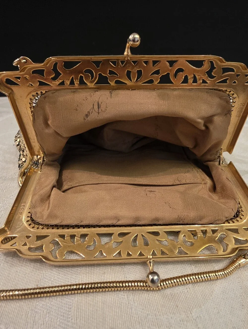 Whiting & Davis Vintage Gold Evening Bag Filigree Frame Style Model 2898